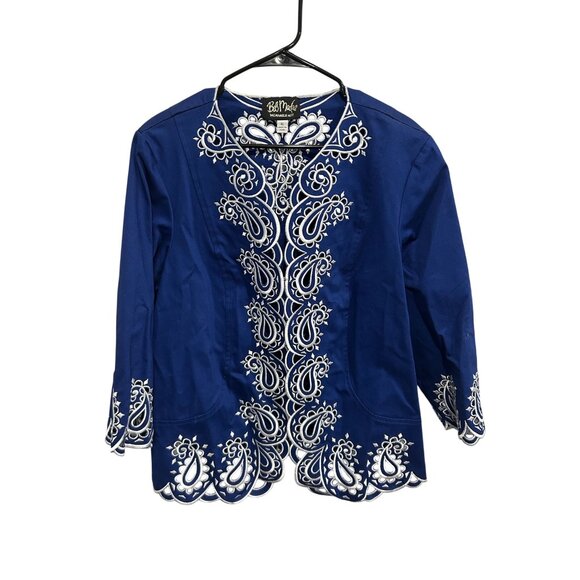 Bob Mackie Wearable Art Embroidered Paisley Cutout Jacket Blue White Sz XL Artsy - Picture 1 of 10
